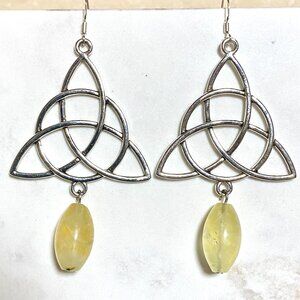 2/$20 Genuine Yellow Green Prehnite Celtic Trinity Sterling Silver Drop Earrings